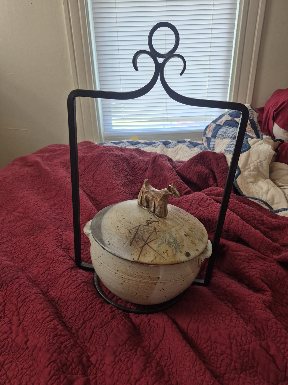 Handcrafted Ceramic Lidded Casserole with Black Iron Stand - Cream